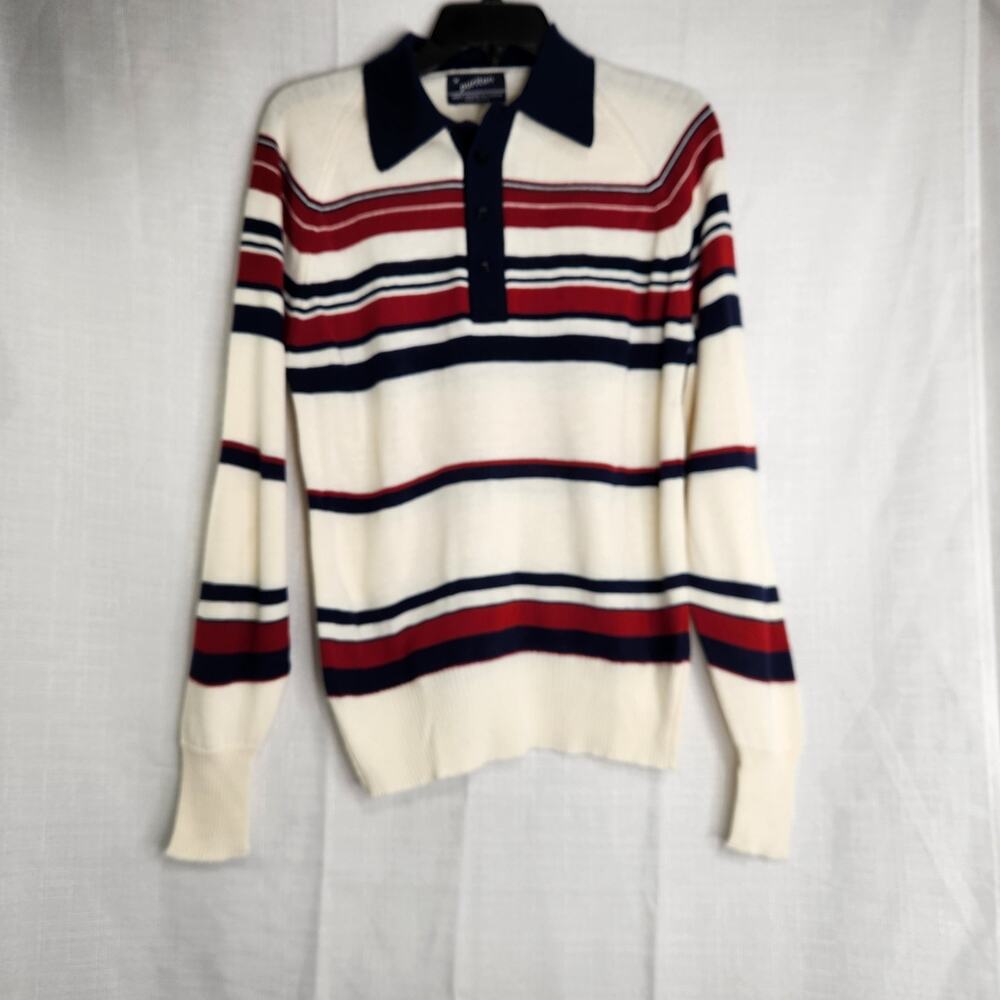 Mens Vintage Puritan Ivory Striped Blue Red Soft Knitted Polo Sweater Size M USA